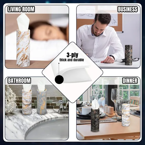 Vista 4 de Thenshop Paquete de 12 soportes para pañuelos de automóvil de 3 capas de tejido facial a granel mármol moderno, cilíndrico, cajas redondas de viaje