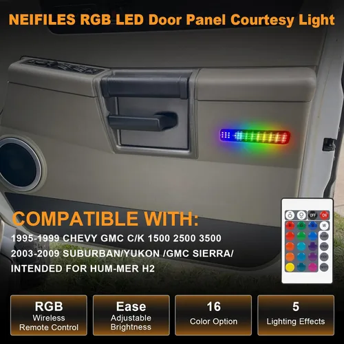 Vista 2 de Luz LED RGB para panel de puerta, luz interior de cortesía, compatible con Chevy C/K Silverado Sierra Yukon 1995-1999, lámpara de luz de advertencia