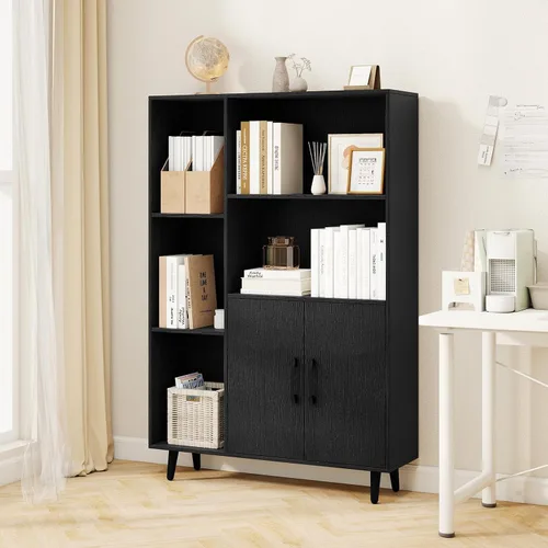 Vista 8 de Giantex Gabinete de almacenamiento de 47 pulgadas, estantería con 2 puertas, 5 estantes abiertos, patas de metal, kits antipuntas, gabinete de Negro