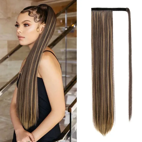 Vista 7 de Extensión de cola de caballo larga y recta, cola de caballo con clip, 32 pulgadas, resistente al calor, sintético, cola de caballo de pelo castaño