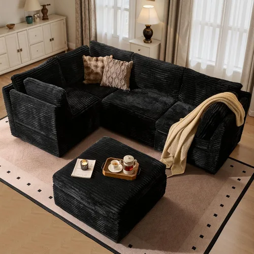 Vista 17 de Ovios - Sofá modular con diván en forma de U y otomanas, cómodo y mullido, tapizado en pana estilo nube, moderno, asiento profundo, juego de sofás