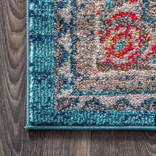 Vista 8 de JONATHAN Y Alfombra bohemia para interiores, color azul y amarillo, 3 x 5, medallón bohemio elegante, floral, fácil de limpiar, alto tráfico