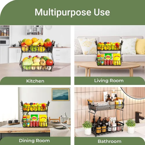 Vista 7 de DINEST Cesta de frutas de 2 niveles para encimera de cocina, organizador de almacenamiento de frutas y verduras de metal desmontable con mango