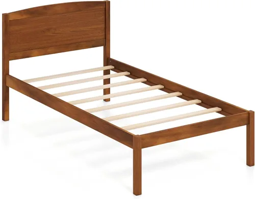 Vista 9 de GIANTEX Twin Size Wooden Bed Frame with Curved Headboard, Wood Slat Support