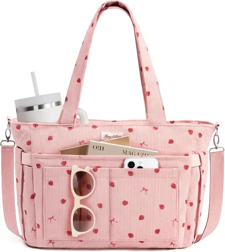 Vista 14 de Bolsa tote de pana para mujeres, 17 bolsillos para laptop de trabajo, ligera, para maestras, enfermeras, bolsa de hombro bíblica para escuela