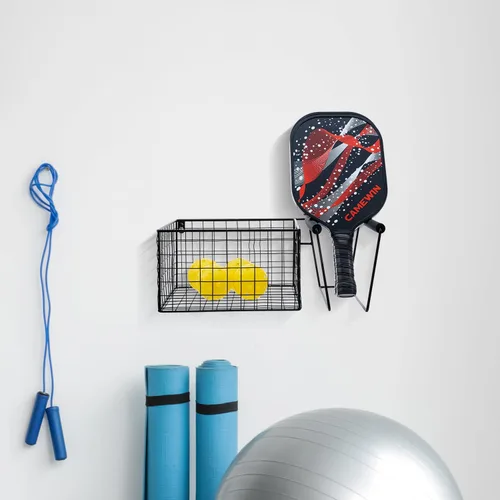 Vista 4 de MyGift 16 Inch Wall Mounted Metal Pickleball Paddle Rack and Storage, Hanging Equipment Organizer with Racket Holder and Basket for Balls