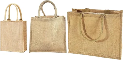 Vista 5 de Paquete de 12 bolsas de yute de arpillera con asas de algodón suave, bolsas de arpillera interior laminadas, bolsas de arpillera para playa