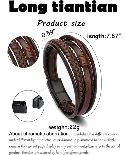 Vista 7 de Pulseras de cuero para hombre, pulseras de cuero trenzado multicapa con cierre magnético, pulsera ajustable para niños