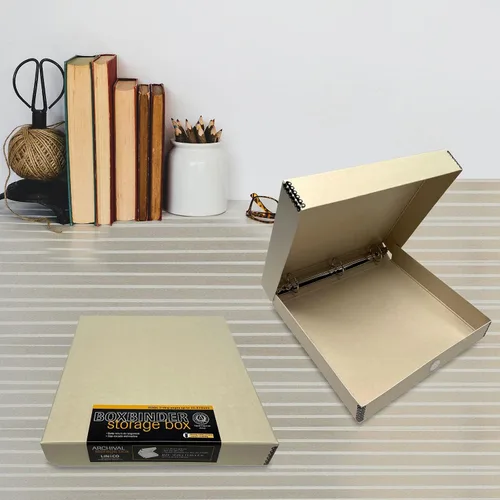 Vista 8 de Lineco, Archival Tan - Caja de álbum de 3 anillas, 12.75 x 11.5 x 2 pulgadas Acid-Free Photo Box Binder, Unique Design to Store, Preserve