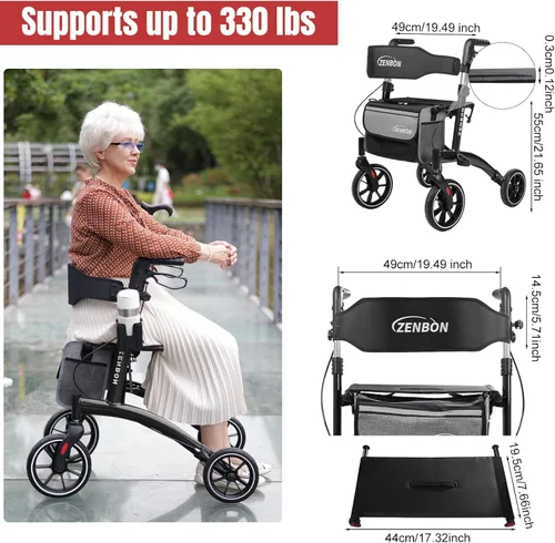 Vista 2 de Andador con ruedas para personas mayores/adultos plegable en dos direcciones con asiento de 330 libras de capacidad, 4 ruedas grandes de 8 pulgadas
