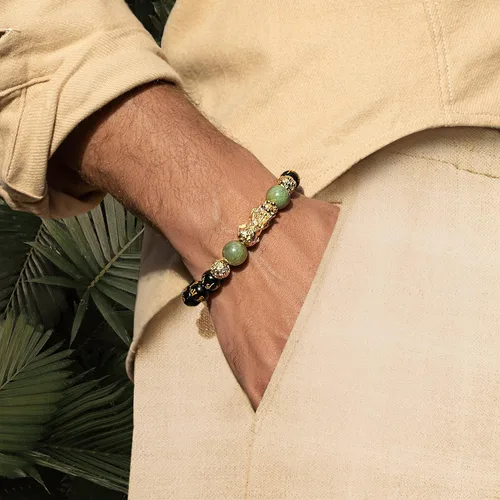 Vista 2 de KARMA AND LUCK - Cleansed Aura - Men's Wealth Genuine JadeOnyx Gemstones 18K Gold Plated Brass Dragon Charm Stretch Feng Shui Bracelet Handmade in