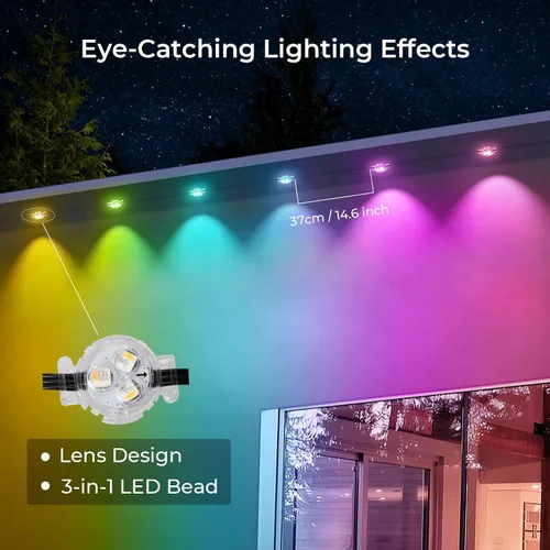 Vista 6 de FVTLED Luces permanentes para exteriores de 50 pies, luces inteligentes dinámicas RGB+WW para exteriores con 36 aleros LED, luz exterior impermeable