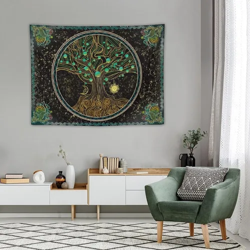 Vista 3 de Naykow Árbol de la vida, bohemio, sol, luna, naturaleza, lindo tapiz verde para pared, mandala espiritual, chakras, grunge, tapices para colgar