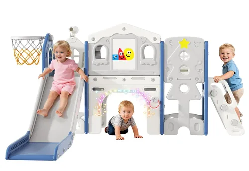 Vista 7 de BIERUM Juego de tobogán 10 en 1 para niños pequeños - Tobogán para bebés de 1 a 3 años con luces coloridas, pizarra para dibujar y tablero