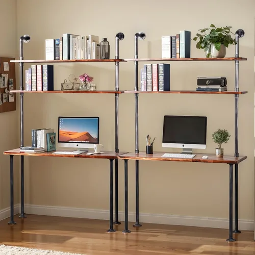 Vista 5 de LOKKHAN Escritorio industrial para portátil de 79 pulgadas, escritorio de madera maciza, escritorio de pared con estantes, mesa de computadora