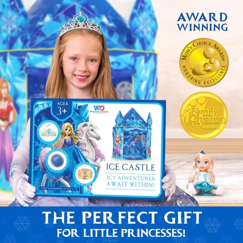 Vista 7 de W&O Tienda de campaña de princesa congelada para niñas con botón de sonido mágico, luces LED, corona y varita – Tienda de campaña congelada