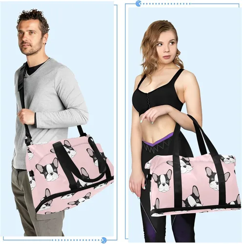 Vista 4 de Bolsa de viaje deportiva de bulldog francés para mujeres y hombres, bolsa de gimnasio con compartimento para zapatos, bolsillo húmedo, bolsas