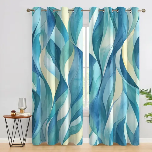 Vista 2 de Cortinas opacas con degradado azul de 39 pulgadas de largo, cortinas abstractas para decoración de dormitorio, cortinas de ventana modernas