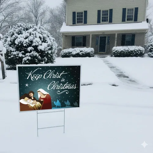 Vista 4 de Letrero de Navidad con texto en inglés "Keep Christ in Christmas" para exteriores, de doble cara, con soporte de metal, para iglesia, hogar