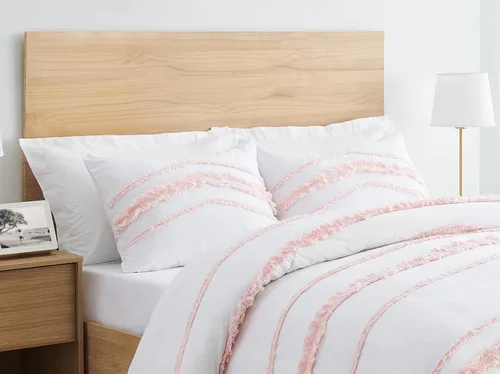 Vista 4 de Juego de ropa de cama de 2 piezas con borlas copetudas de macramé blanco y rosa bohemio, bohemio, elegante, tamaño individual/individual XL, funda