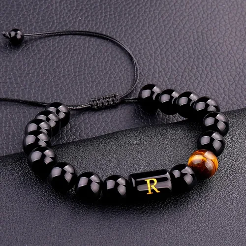 Vista 92 de SUMMER LOVE Regalos para el Día del Padre, pulsera con inicial de piedra de ónix negro de 0.394 pulgadas para hombres, pulsera de cuerda trenzada