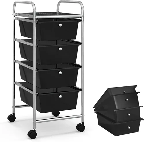 Vista 21 de COSTWAY Carrito de almacenamiento rodante con 4 cajones, carrito de almacenamiento de plástico y organizador con 4 cajones extraíbles, carrito