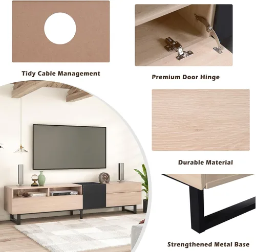 Vista 6 de Soporte de TV estilo tronco para TV de 80 pulgadas con doble espacio de almacenamiento, centro de entretenimiento con puerta abatible, gabinete