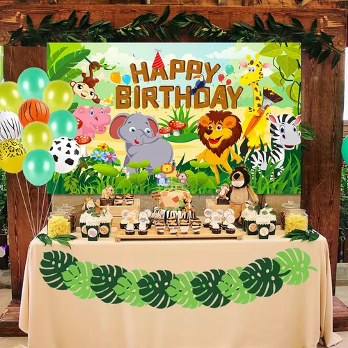 Vista 5 de HOWAF Cartel de tela de feliz cumpleaños para decoración de fiestas temáticas de animales de la selva, decoración de fondo de pared para niños
