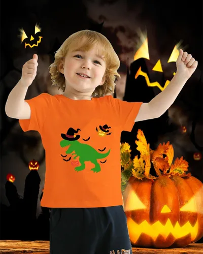 Vista 3 de CM-Kid Camisa de Halloween para niños pequeños, niñas, calabaza, fantasma, dinosaurio, camiseta de manga corta para niños, camisetas de algodón de 2