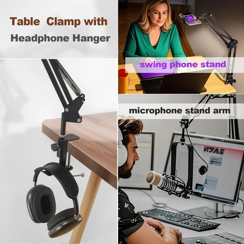 Vista 4 de Soporte de abrazadera de mesa para soporte de micrófono, abrazaderas de micrófono para escritorio con gancho para auriculares, abrazadera
