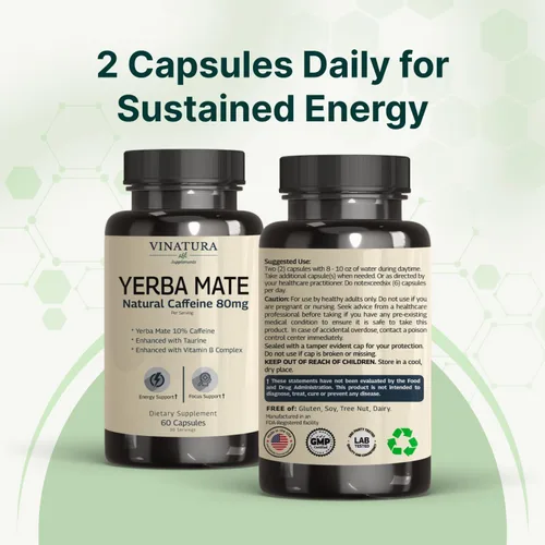Vista 8 de Yerba Mate 1400mg - Suplementos mágicos naturales de cafeína y energía, alta potencia mejorada con taurina y complejo de vitamina B - 60 cápsulas