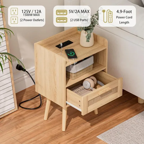 Vista 5 de Masupu Mesita de noche, mesita de noche pequeña con dos cajones, mesita de noche blanca, muebles de noche, mesa auxiliar moderna de mediados