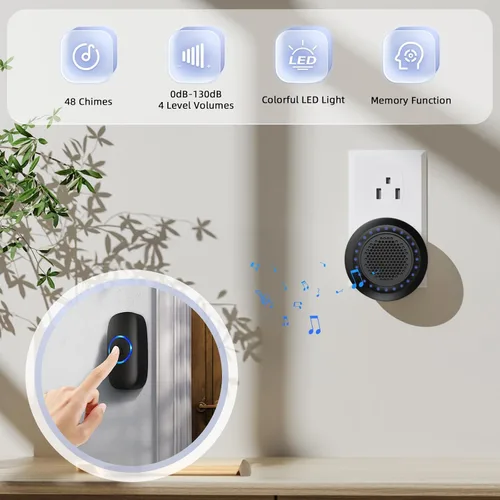Vista 2 de Campanas de puerta inalámbricas para hogares, kits de timbre con 1 transmisor, 1 receptor, funcionamiento impermeable a un rango de 1000 pies, 48