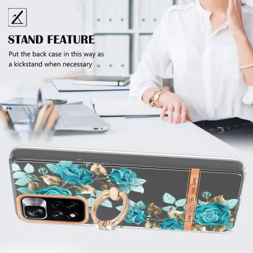 Vista 2 de ONV Funda de silicona para Redmi Note 11 Pro 5G – Funda con anillo de metal con purpurina de lujo con flor pintada con flores, funda delgada