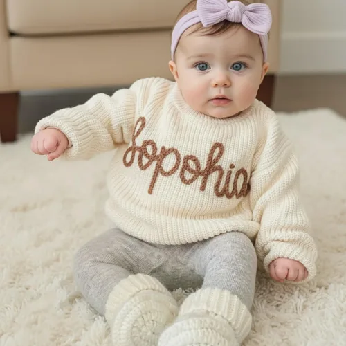Vista 3 de Suéter de bebé personalizado con nombre, suéter personalizado para recién nacido, niño, niña, regalo bordado a mano para baby shower, cumpleaños