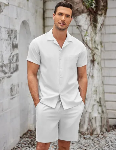Vista 2 de COOFANDY Conjunto de 2 piezas para hombre, camisas de manga corta con botones, trajes casuales de playa
