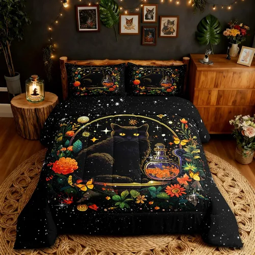 Vista 40 de Castle Fairy Juego de edredón con diseño de gato lindo para niños, tamaño twin, juego de ropa de cama con hojas de flores, luna, noche y cielo