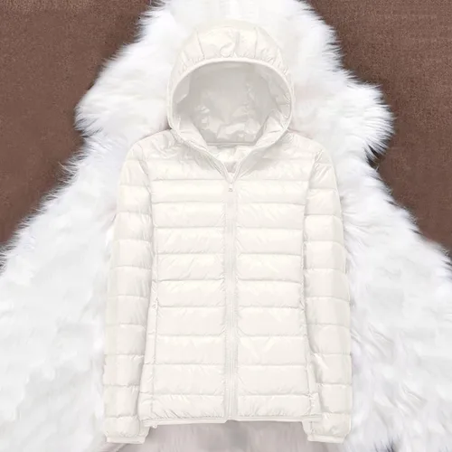 Vista 4 de Chaqueta acolchada para mujer 2023, cálida y plegable, ligera, ajustada, con capucha, abrigo corto de plumón de pato
