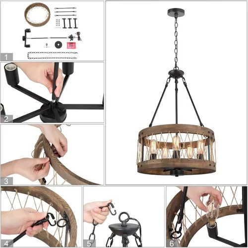Vista 7 de Candelabros de granja para comedor, lámpara rústica de 5 luces para comedor, lámpara de comedor sobre mesa, candelabros de madera, lámpara colgante