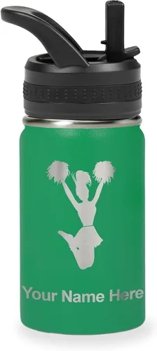 Vista 67 de LaserGram Botella de agua con tapa abatible de doble pared de 12 onzas con pajita, animadora, grabado personalizado incluido (negro)