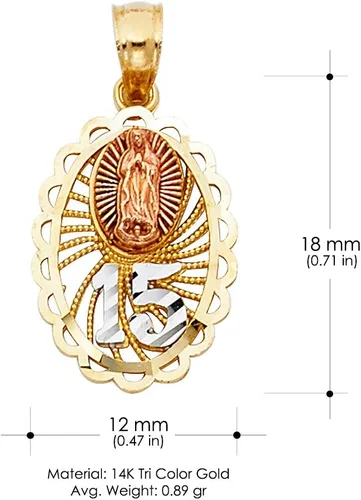 Vista 3 de 14K Tri Color Gold Sweet 15 Years Quinceanera Virgin Mary Round Charm Pendant with 2.1mm Valentino Chain Necklace
