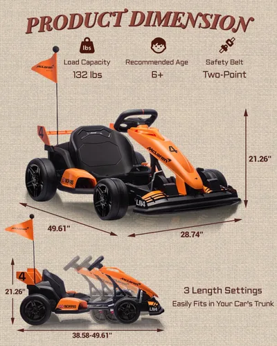 Vista 6 de Go Kart Eléctrico con Licencia McLaren para Niños, Batería de 36V 9AH, Kart de Deriva con Asiento Ajustable, Vehículo Montable Crazy Cart para Niños