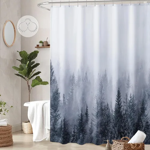 Vista 8 de ORTIGIA 36x72 Cortina de ducha de bosque nebuloso para baño pequeño, cortina de ducha estrecha de naturaleza y bosque en blanco y negro con ganchos