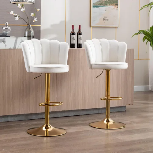 Vista 3 de Taburetes de bar giratorios de altura de barra, juego de 2 taburetes de bar tapizados ajustables de terciopelo con respaldo/base dorada para isla