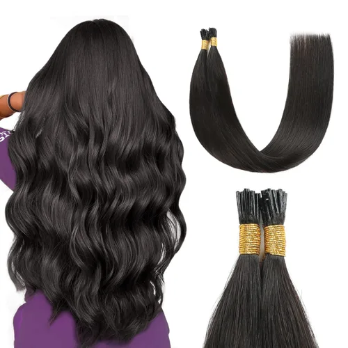 Vista 10 de Sunya - Extensiones de cabello humano con punta en I de 14 pulgadas, color negro azabache, extensiones de cabello humano con punta en I, extensiones