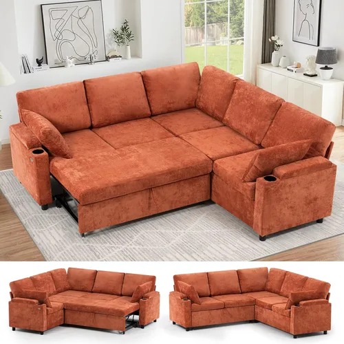 Vista 11 de Sofá modular de felpilla de 85 pulgadas con cama extraíble y Marrón