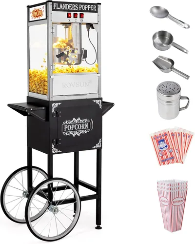 Vista 13 de Máquina de palomitas de maíz ROVSUN con carrito, ruedas y hervidor de 8 onzas, hace hasta 32 tazas, máquina de palomitas con cuchara para palomitas