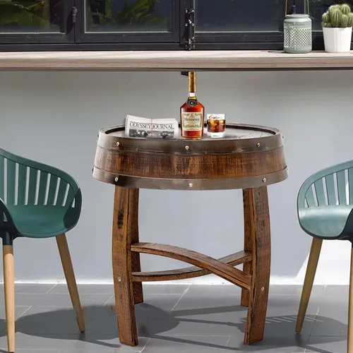Vista 6 de Mesa de centro de granja, mesa auxiliar redonda rústica – Mesa auxiliar de madera maciza para sala de estar, mesa decorativa de barril de whisky