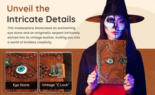 Vista 7 de Cuaderno de piel de hechizos personalizable Hocus Pocus con diseño de tercer ojo, papel con borde antiguo, grimorio vintage, cuaderno de bruja