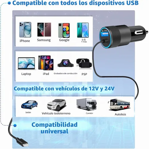 Vista 7 de Cargador de coche para iPhone con certificación MFi de Apple de carga rápida + cable Lightning de 6 pies Caiinei 4.8A Car Phone Charger Dual USB